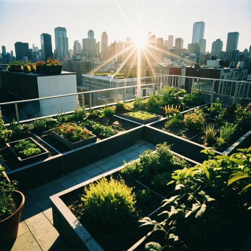 Rooftop Garden with City Skyline at Sunset