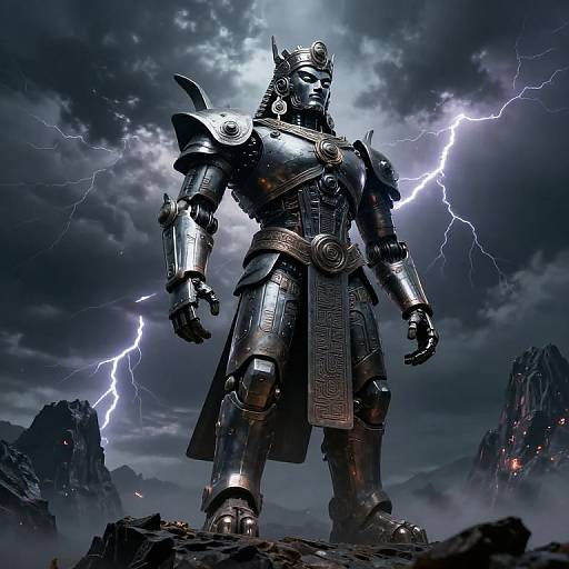 Ancient Robotic Deity Amid Storm