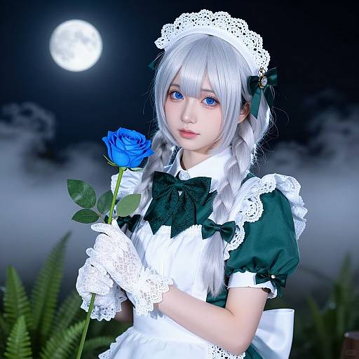Digital artwork of a pale-skinned, blue-eyed anime girl in a green-and-white maid outfit, holding a blue rose under a full moon.