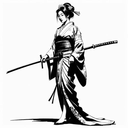 Elegant Geisha Drawing Katana in Sumi-e Style