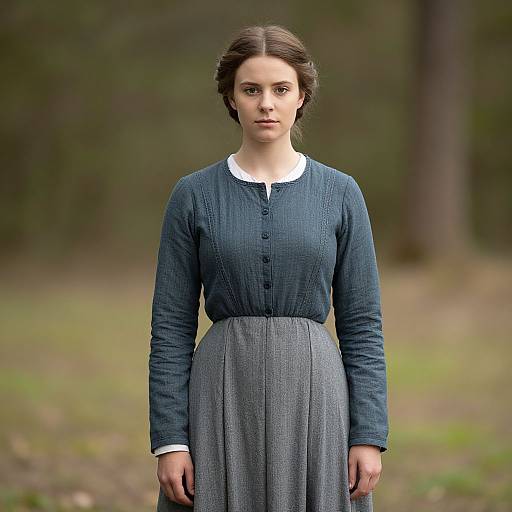 Photograph of a serious, fair-skinned woman with brown hair in a simple blue long-sleeve blouse and gray skirt, standing in a blurred
