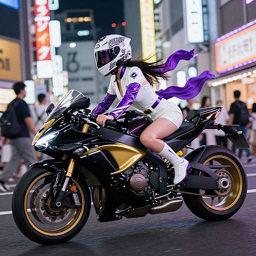 Photograph of a woman in a white and purple racing suit, black helmet with white patterns, riding a black and gold motorcycle at night in a brightly