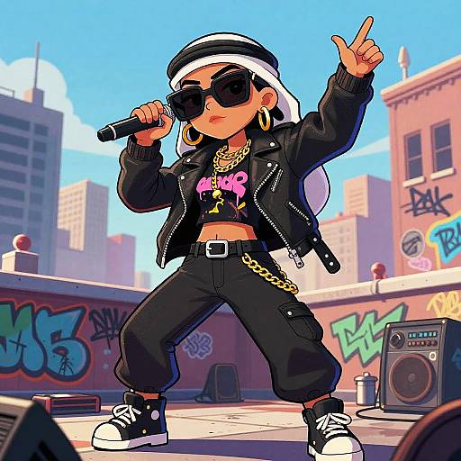Digital illustration of a young woman rapping, wearing a black leather jacket, sunglasses, white headband, and black pants, with a cityscape background
