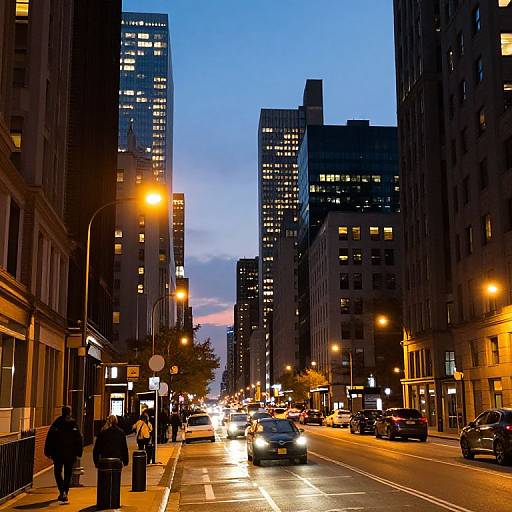 Photograph of a bustling city street at dusk, illuminated by streetlights and building lights, with pedestrians and cars on a wet road, flanked by