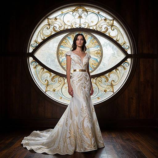 Photograph of a woman in an elegant, white, ornate, floor-length wedding gown with gold embroidery, standing before an intricate circular stained-glass