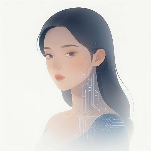 Digital anime-style portrait of a fair-skinned, black-haired woman with subtle circuitry patterns on her neck and shoulder, looking back over her shoulder against