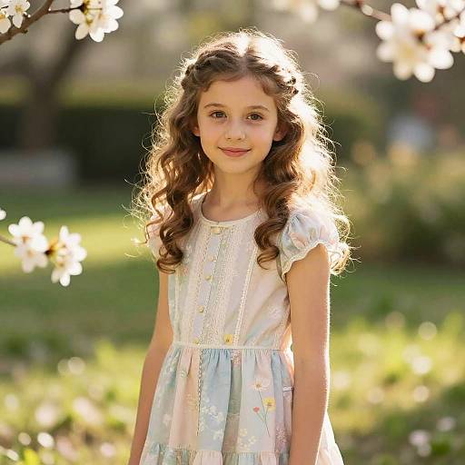 Photograph of a young girl with curly brown hair in a light blue floral dress, standing in a sunlit garden with blooming white flowers in the