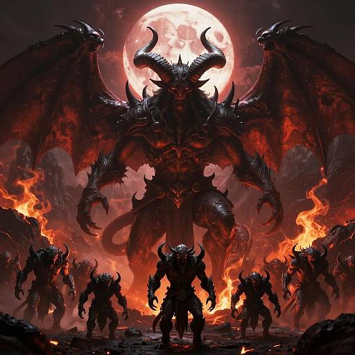 Digital artwork of a massive, black, horned dragon with fiery wings and tail, surrounded by smaller demonic figures, against a bright red full moon and