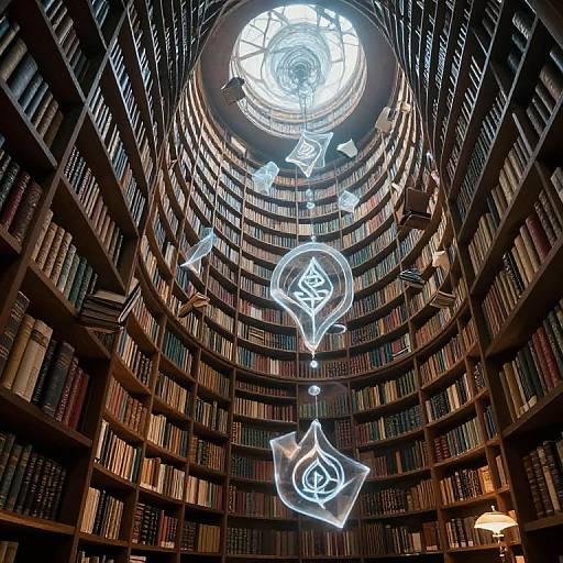 Photograph of a grand, circular, dimly-lit library with illuminated, glowing runes and symbols suspended above towering, wooden bookshelves.