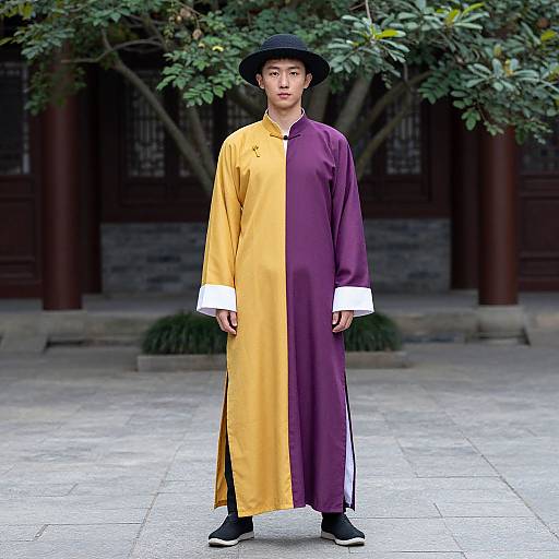 Photograph of an East Asian man standing outdoors, wearing a long, yellow and purple, traditional Korean hanbok with black hat and shoes, in