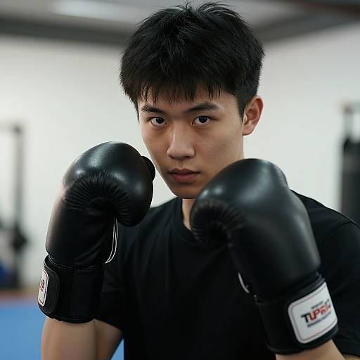 Photograph of focused Asian male boxer with short black hair, wearing black gloves and shirt, in brightly lit gym.