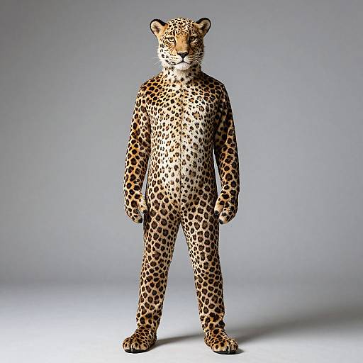 Photograph of a realistic, digitally-rendered anthropomorphic leopard standing upright against a gradient gray background, showcasing detailed spotted fur and natural feline features.