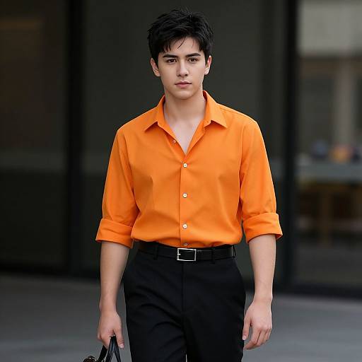 Photograph of a young Asian man with short black hair, wearing an orange button-up shirt and black pants, holding a black bag, standing in front