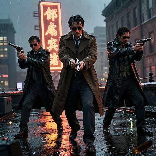 Neo-Noir Detectives on Rainy Rooftop