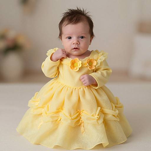 Photograph of a baby with dark hair in a yellow, ruffled dress adorned with floral embellishments, standing against a blurred, light-colored background.