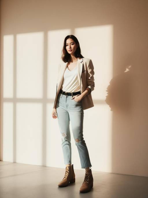 Young Woman in Casual Chic Outfit Standing Indoors