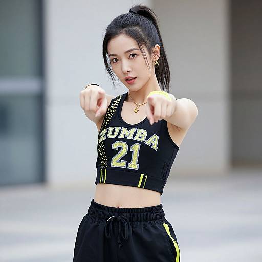 Photograph of an East Asian woman with black hair in a ponytail, wearing a black 