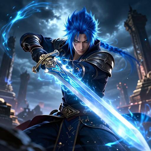 Digital art of a blue-haired, armored warrior with intense focus, wielding a glowing blue sword in a dark, ruined cityscape.