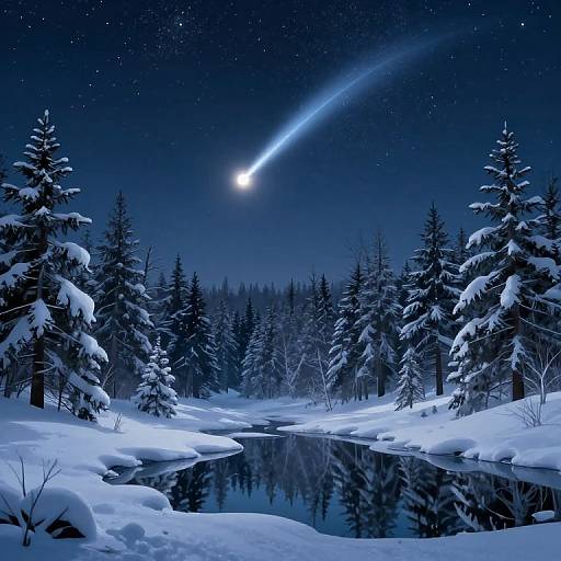 Photograph of a snowy forest at night with a comet streaking across a starry sky, reflecting in a still, snow-covered stream.