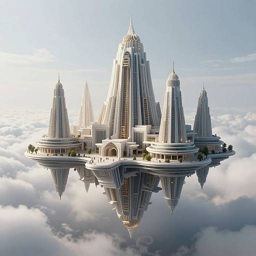 Photorealistic CGI of a futuristic, white, skyscraper city with multiple towering spires, floating above a reflective cloud layer.