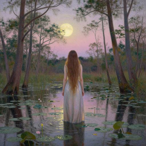 Digital painting of a woman with long, wavy brown hair in a white dress, standing in a tranquil, moonlit pond surrounded by trees and l