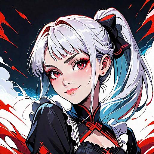 Digital anime-style portrait of a white-haired girl with red eyes, black bow, and red accents, set against a dynamic black-and-white background with red
