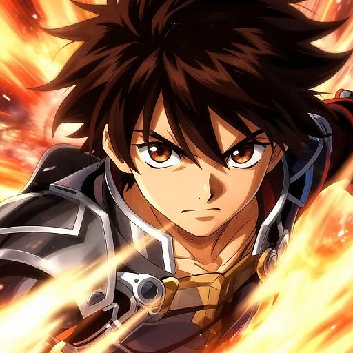 Dynamic anime-style illustration of a determined young man with spiky black hair, intense brown eyes, and fiery background, wielding a glowing sword.