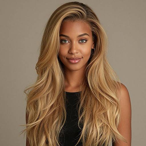 Photograph of a smiling Black woman with long, wavy, blonde-highlighted hair, wearing a black top, against a plain gray background.