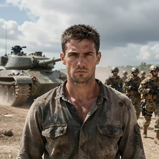 Intense Soldier in Front of Warfare