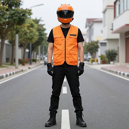 Photograph of a male cyclist in an orange vest, black shirt, gloves, pants, and helmet, standing on a deserted street.