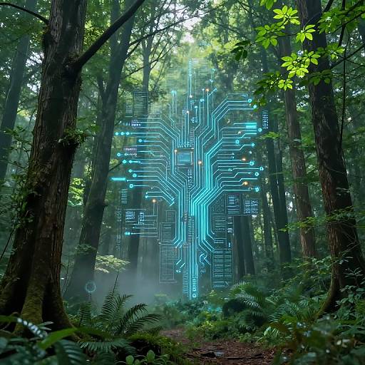 Photograph of a dense forest with glowing blue electronic circuit patterns superimposed on tall trees, surrounded by lush green foliage.