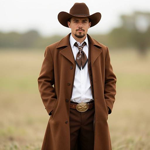 Photograph of a handsome, mustached man in a brown cowboy hat, brown coat, white shirt, black tie, brown pants, and belt buckle