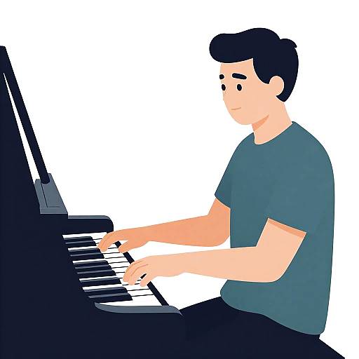 Digital illustration of a man with short black hair, wearing a blue shirt, playing a black piano with white keys.