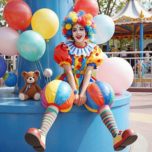 Colorful clown with rainbow wig, polka-dot dress, striped socks, and oversized balloons, sits on blue pedestal, beside teddy bear, at