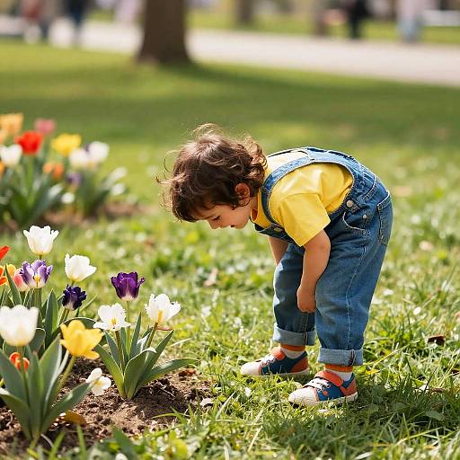 Photograph of a curly-haired toddler in yellow shirt and blue overalls, bending to admire colorful tulips in a sunny park.