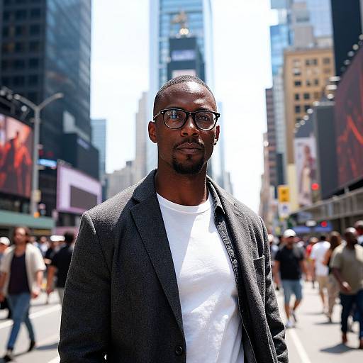 Photograph of a Black man with dark skin, glasses, and a trimmed beard, wearing a white t-shirt and gray blazer, standing in a
