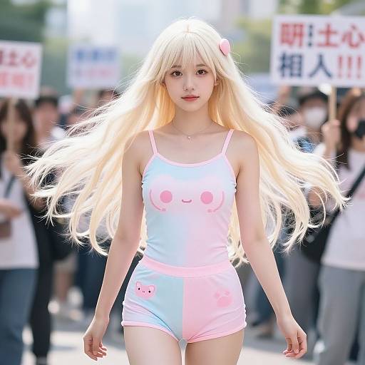 Photograph of an Asian woman with long, blonde hair, wearing a white tank top with a pink cat face and pink shorts, walking in a protest