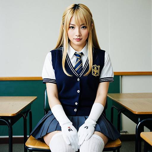 Photograph of an Asian woman with long blonde hair, wearing a black and white school uniform, white gloves, and knee-high socks, seated in a
