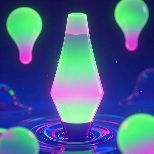 Photograph of a glowing, neon-green and pink, teardrop-shaped light floating above water, surrounded by blurred, floating light orbs in a dark