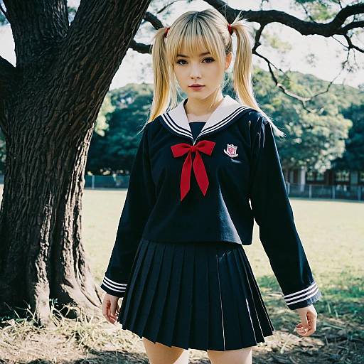 Young Woman in Black Japanese School Uniform Outdoors