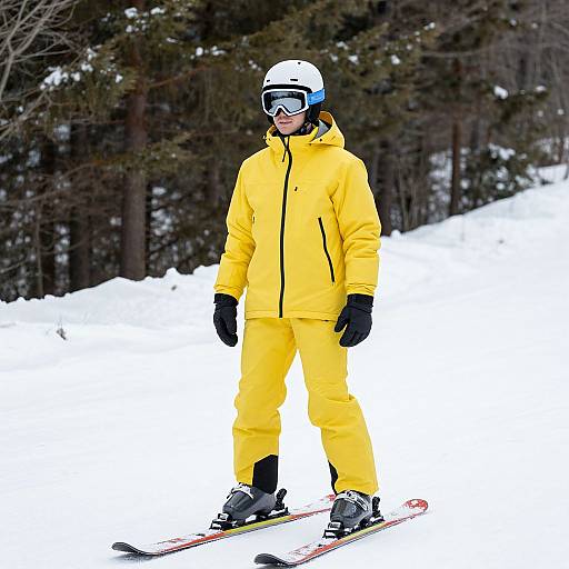 Photograph of a person in a bright yellow ski suit, white helmet, black gloves, and ski goggles, standing on skis in snowy forest.