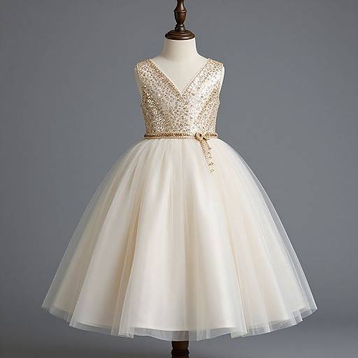 Photograph of a vintage-style, sleeveless, ivory tulle dress with a sparkling gold-sequined bodice and deep V-neck, displayed on