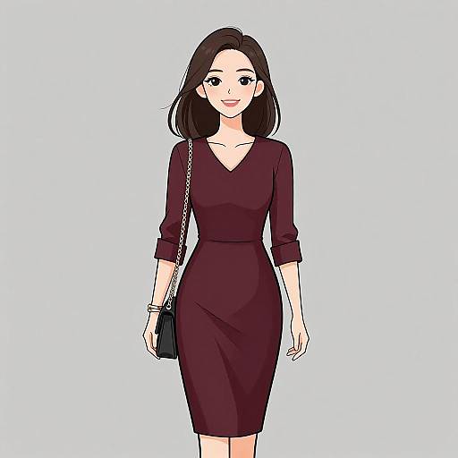 Digital anime-style drawing of a smiling woman with straight black hair, wearing a form-fitting burgundy dress and black shoulder bag.