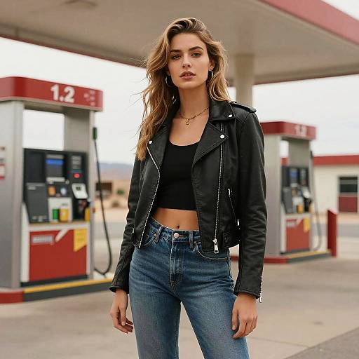 Photograph of a young woman with wavy brown hair, wearing a black leather jacket, black crop top, and high-waisted jeans, standing