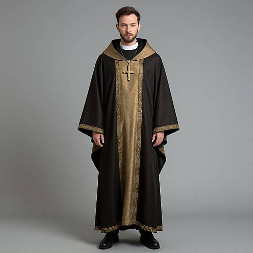 Photograph of a bearded man with short brown hair standing in front of a gray backdrop, wearing a black and gold ecclesiastical robe with