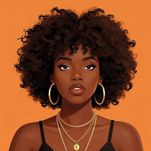 Digital illustration of a beautiful dark-skinned woman with curly black hair, large gold hoop earrings, multiple gold necklaces, and shiny red lips, set
