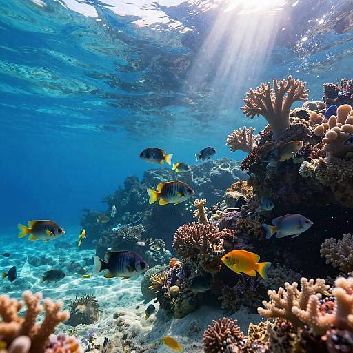 Photograph of vibrant underwater coral reef scene with colorful fish swimming around sunlit, diverse coral formations in clear blue water.