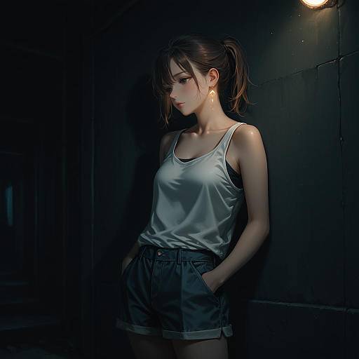 Young Woman in Tank Top and Shorts at Night