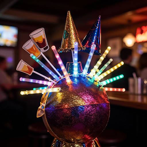 Photograph of a glittery, colorful, LED-lit spherical drink dispenser with multiple neon flags and glasses, set in a dimly lit bar.