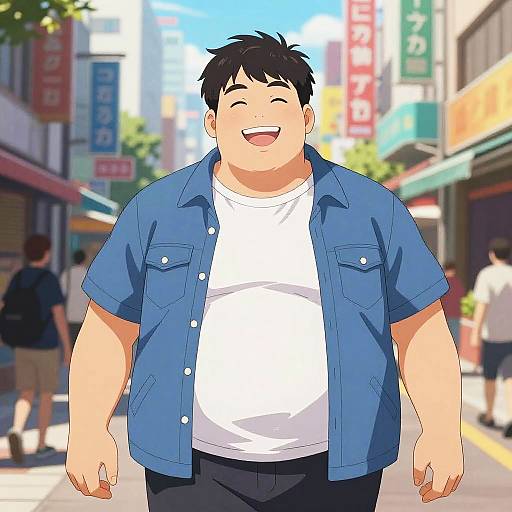 Digital anime-style drawing of a smiling, chubby, short-haired man in a blue shirt and white tee, walking on a busy city street with colorful signs